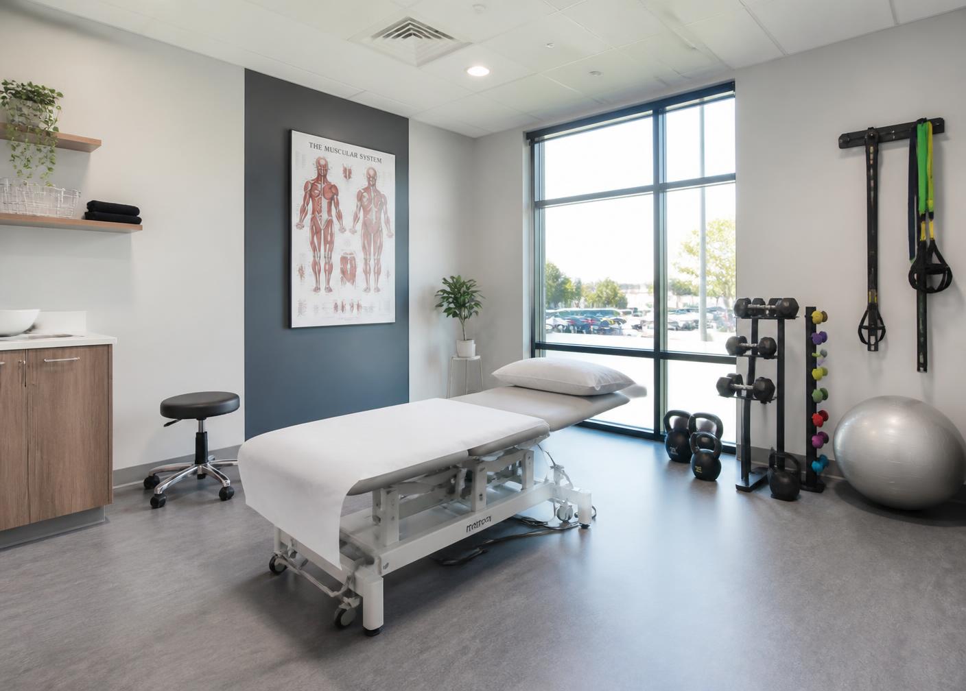 Physiotherapy clinic treatment room with plinth and rehab equipment