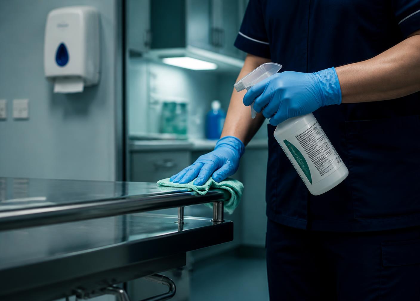 Cleaner in gloves disinfecting a stainless steel high-touch surface in a clinical room